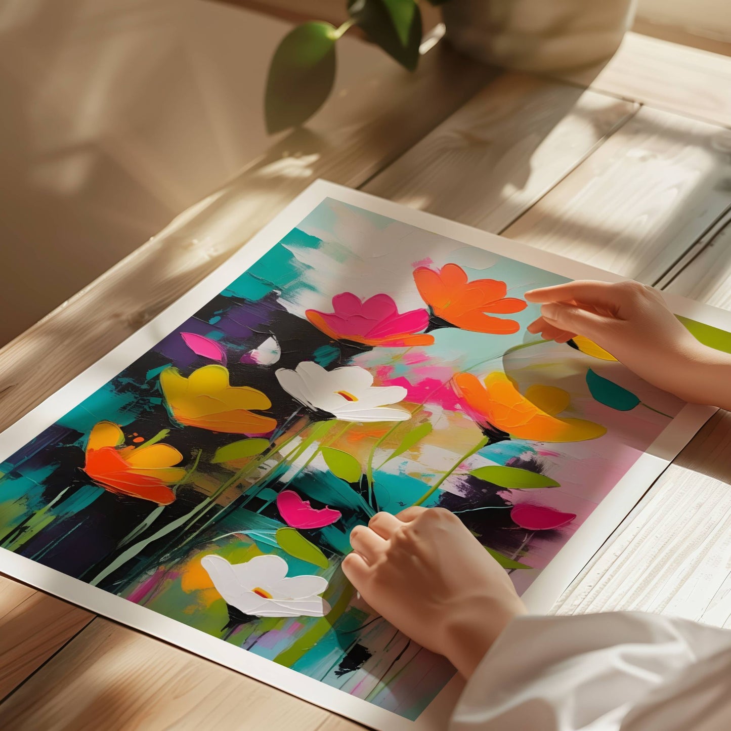 La hjemmet ditt blomstre med "Blomsterfest i Farger No2", ett av fem kunstneriske motiver som kombinerer livlige farger og abstrakte blomsterdesign. Illustrasjon viser motivet på print.