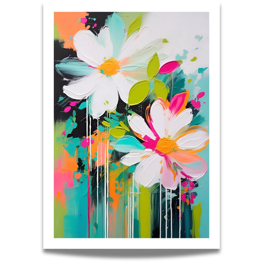 La hjemmet ditt blomstre med "Blomsterfest i Farger No3", ett av fem kunstneriske motiver som kombinerer livlige farger og abstrakte blomsterdesign.