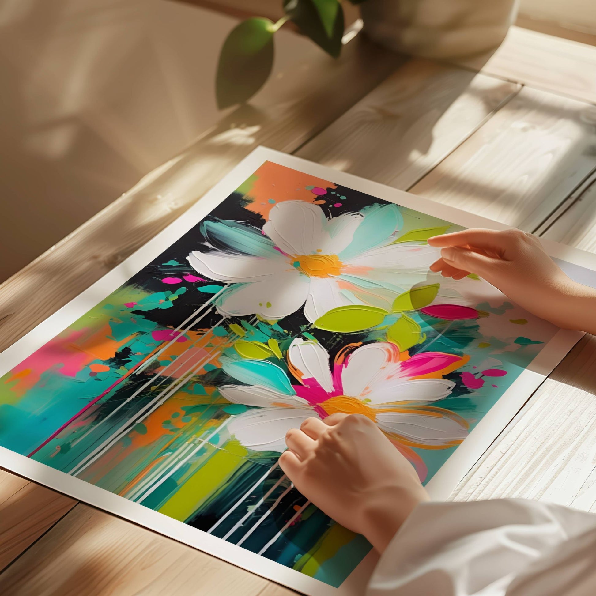 La hjemmet ditt blomstre med "Blomsterfest i Farger No3", ett av fem kunstneriske motiver som kombinerer livlige farger og abstrakte blomsterdesign. Illustrasjon viser motivet på print.