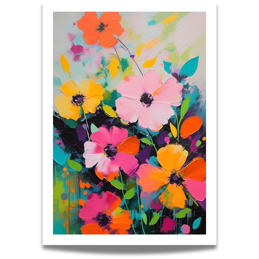 La hjemmet ditt blomstre med "Blomsterfest i Farger No4", ett av fem kunstneriske motiver som kombinerer livlige farger og abstrakte blomsterdesign.