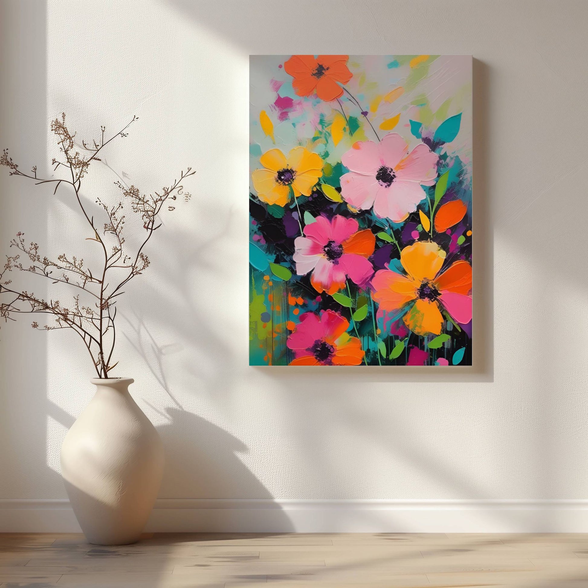 La hjemmet ditt blomstre med "Blomsterfest i Farger No4", ett av fem kunstneriske motiver som kombinerer livlige farger og abstrakte blomsterdesign. Illustrasjon viser motivet på lerret.
