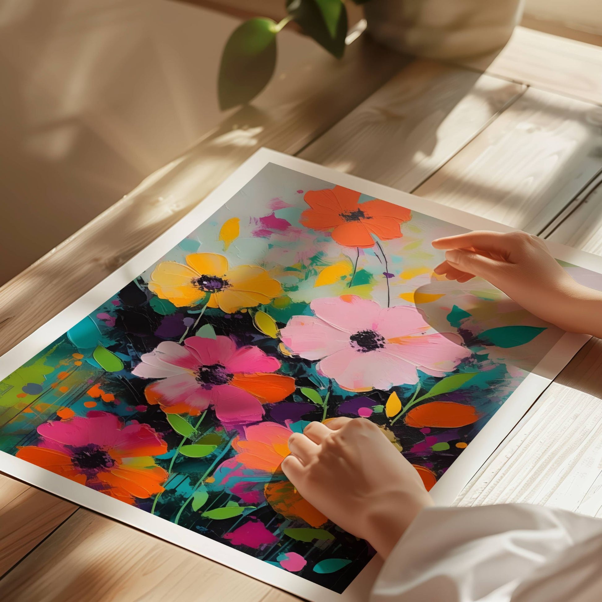 La hjemmet ditt blomstre med "Blomsterfest i Farger No4", ett av fem kunstneriske motiver som kombinerer livlige farger og abstrakte blomsterdesign. Illustrasjon viser motivet på print.
