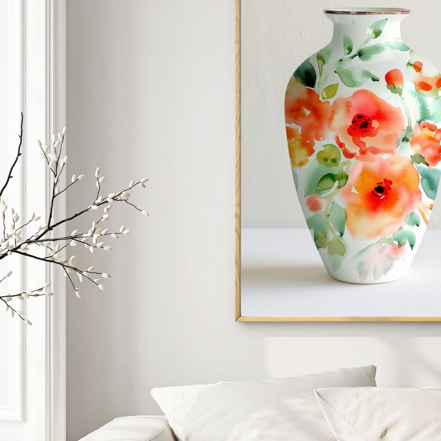 Fyll hjemmet ditt med skjønnhet og eleganse med vår "Blomstervase Akvarell". Dette unike kunstverket er inspirert av naturens levende farger og delikate blomsterdetaljer. Illustrasjon viser motivet som plakat i eik ramme.