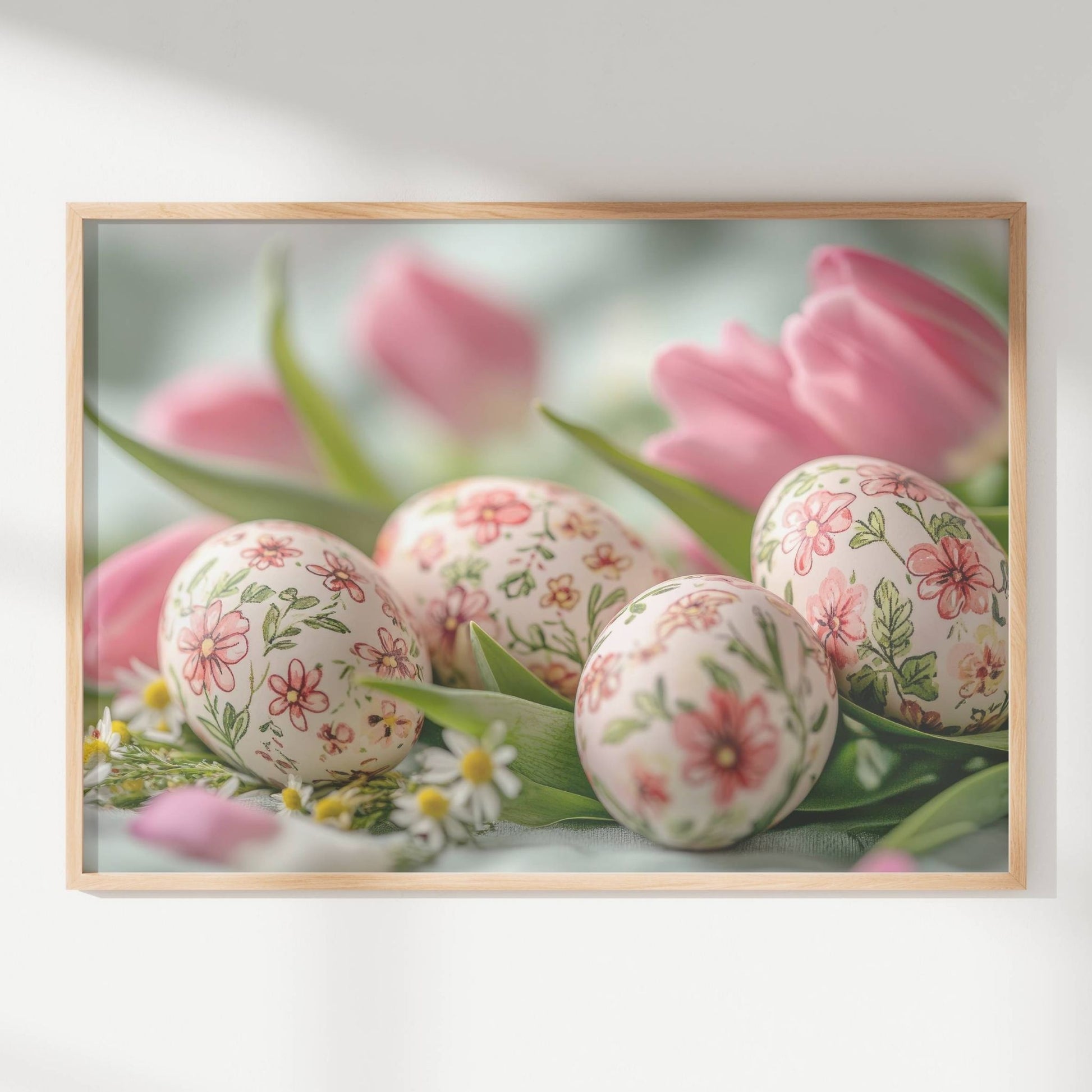  Dette nydelige motivet viser hånddekorerte påskeegg med vakre blomsterdetaljer, omgitt av delikate rosa tulipaner og markblomster. Illustrasjon viser plakat uten hvit kant i eik ramme.