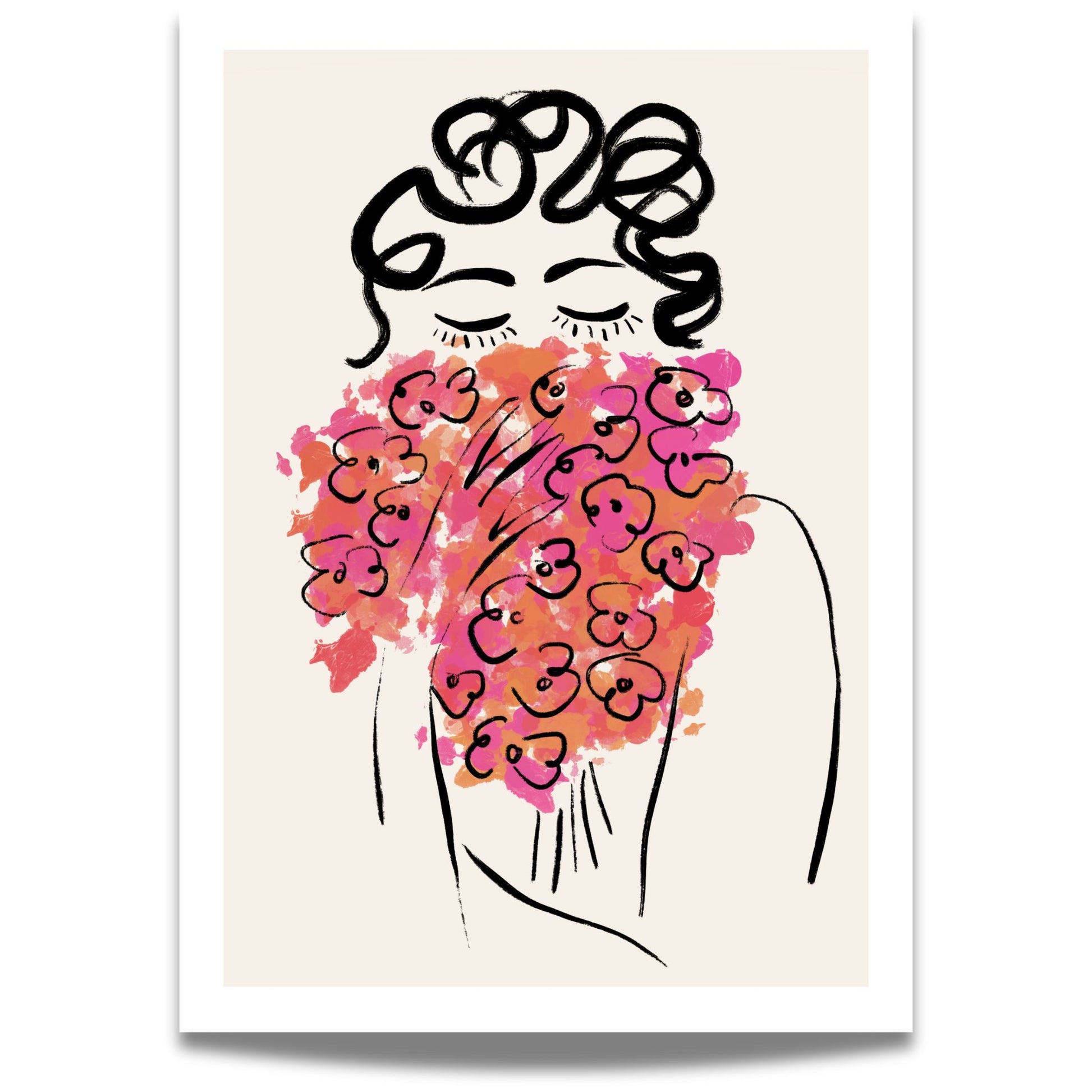 Dette håndtegnede portrettet i sort linjearbeid kombineres med friske blomster i rosa, oransje og røde nyanser, og gir et feminint og poetisk uttrykk. 