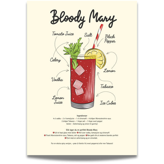 Gi hjemmet ditt en smakfull dose kunst med Bloody Mary Oppskrift – Plakat! Denne stilfulle illustrasjonen av den ikoniske cocktailen kombinerer retro-inspirert design med en detaljert oppskrift. 