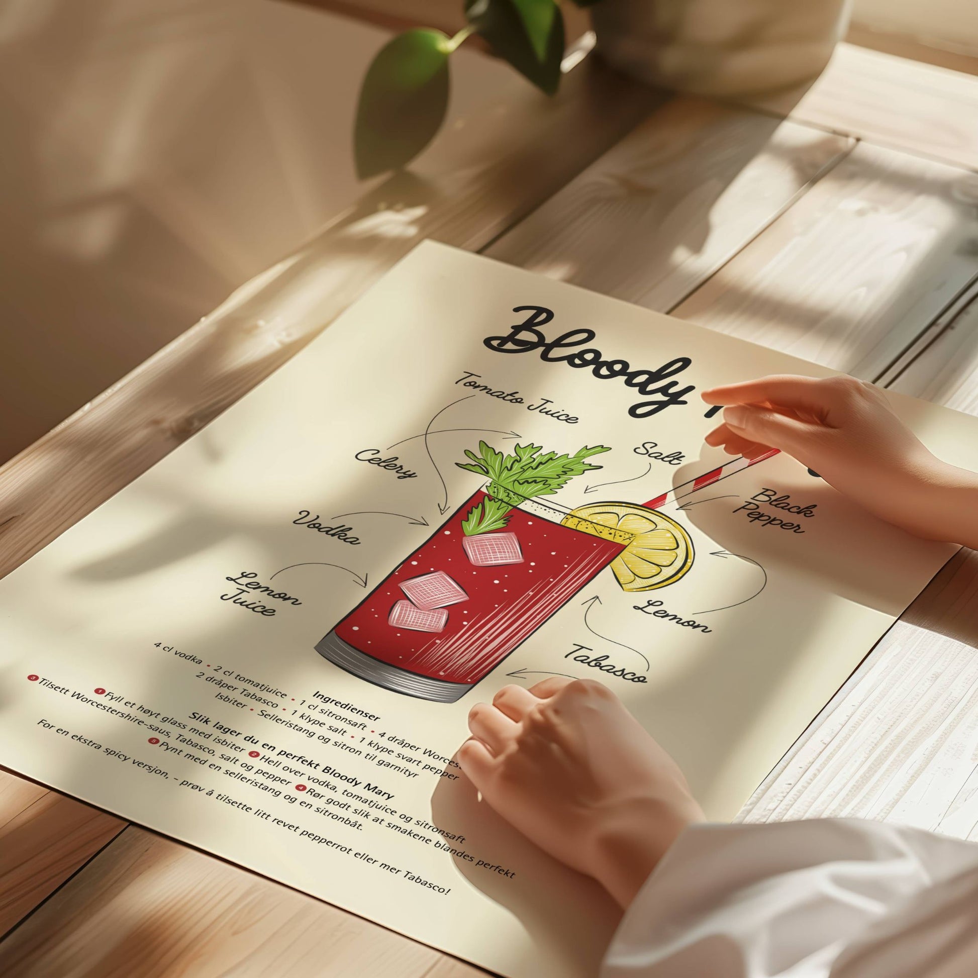 Gi hjemmet ditt en smakfull dose kunst med Bloody Mary Oppskrift – Plakat! Denne stilfulle illustrasjonen av den ikoniske cocktailen kombinerer retro-inspirert design med en detaljert oppskrift. Illustrasjon viser plakat på print