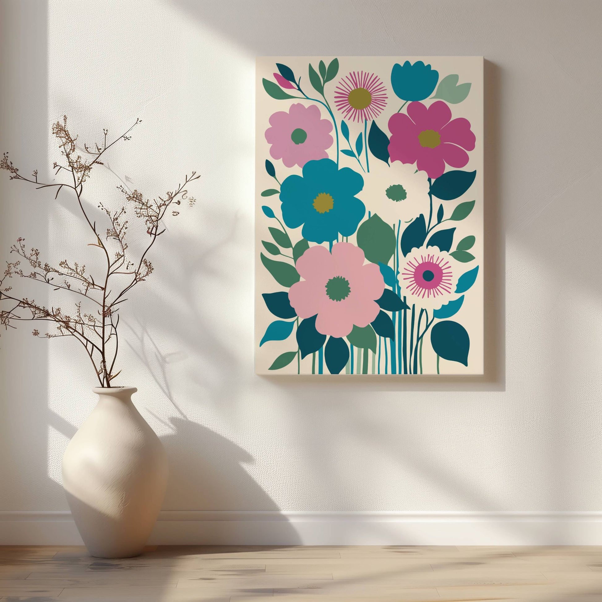  Bloom Essence – et moderne kunstverk som fanger skjønnheten i stiliserte blomster i harmoniske nyanser av blått, rosa og grønt. Illustrasjon viser motivet på lerret.