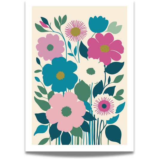  Bloom Essence – et moderne kunstverk som fanger skjønnheten i stiliserte blomster i harmoniske nyanser av blått, rosa og grønt. 