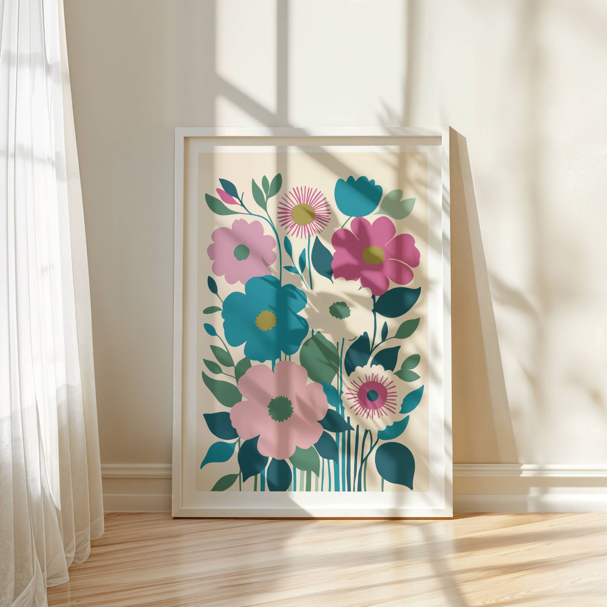  Bloom Essence – et moderne kunstverk som fanger skjønnheten i stiliserte blomster i harmoniske nyanser av blått, rosa og grønt. Illustrasjon viser motivet som plakat i hvit ramme.