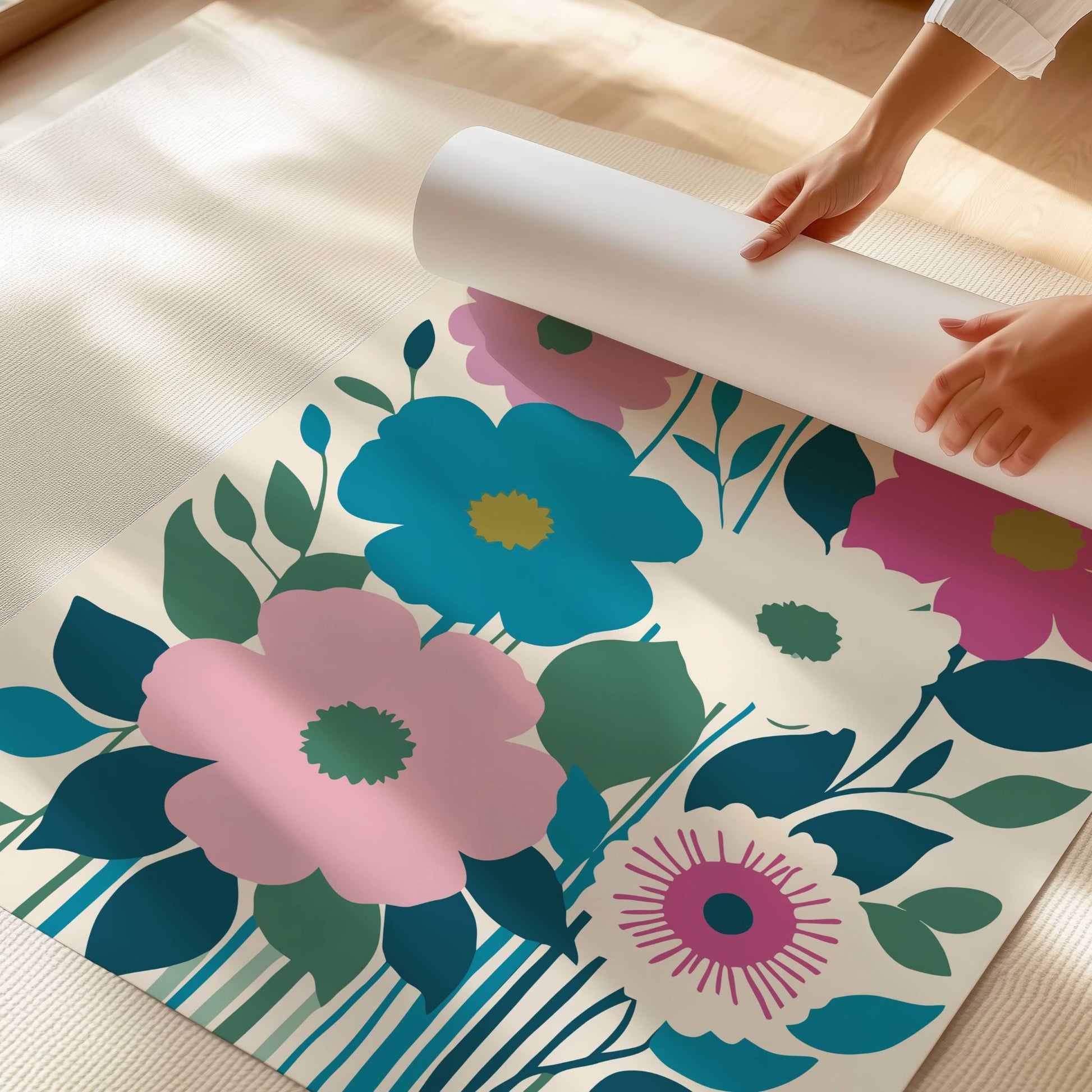  Bloom Essence – et moderne kunstverk som fanger skjønnheten i stiliserte blomster i harmoniske nyanser av blått, rosa og grønt. Illustrasjon viser motivet som plakat på print.