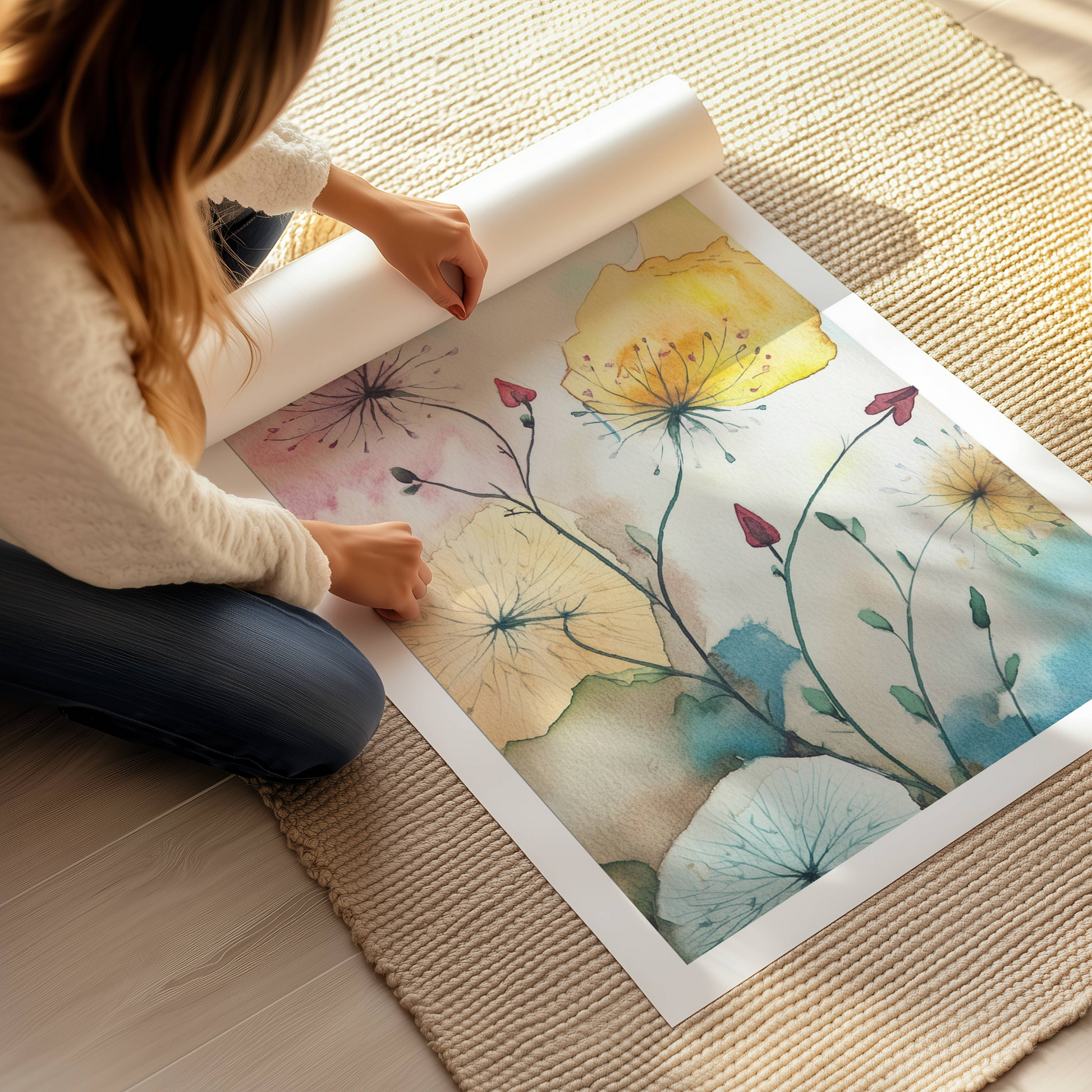 Blooming Serenity – en delikat akvarellplakat&nbsp;inspirert av ville blomster i en drømmende fargepalett. Illustrasjon viser plakat på print.