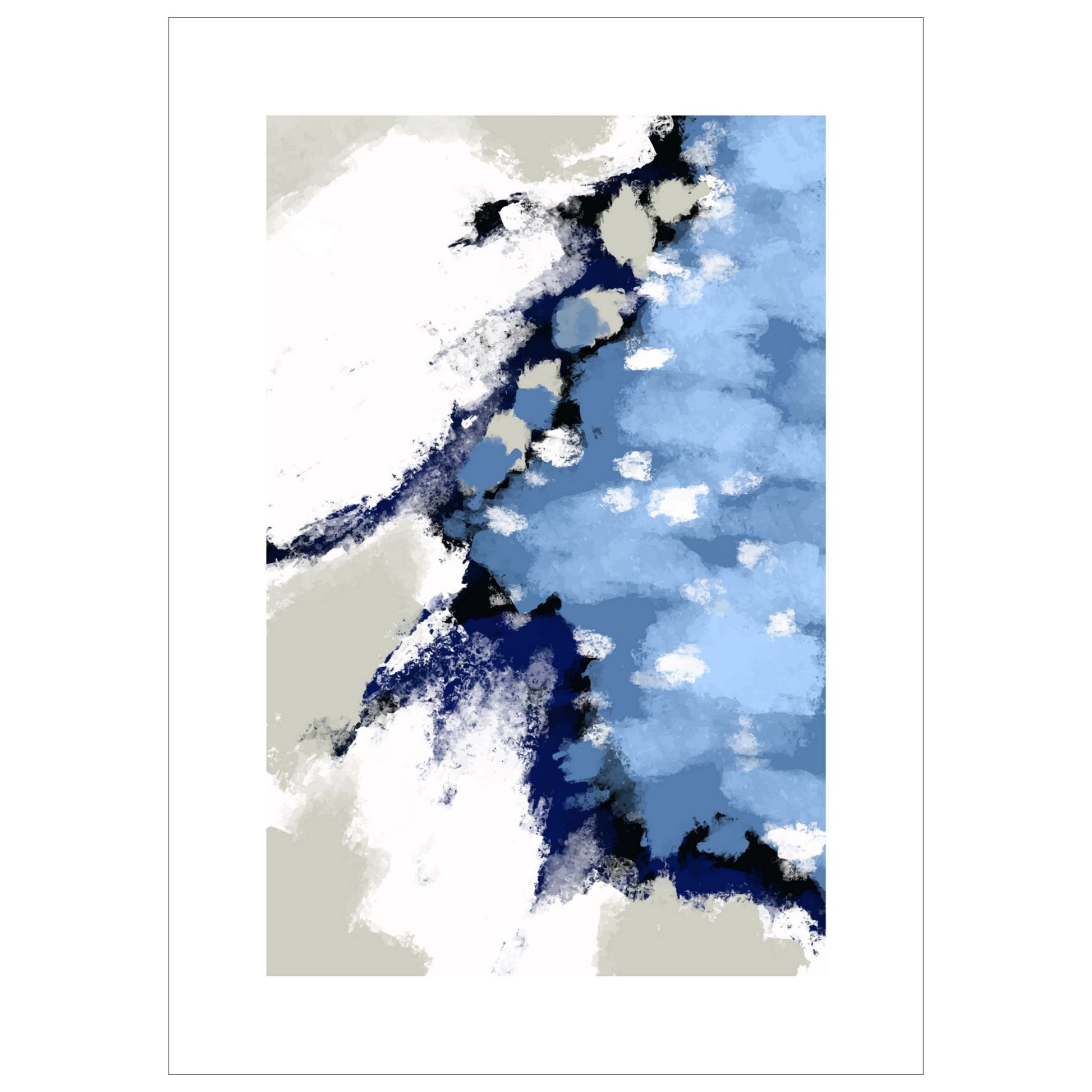 Blue Abstract  No1 er en grafisk plakat med et motiv i blåfarger med innslag av hvit og beige. Plakaten har en bred hvit kant som gir bildet dybde og fremhever motivet.