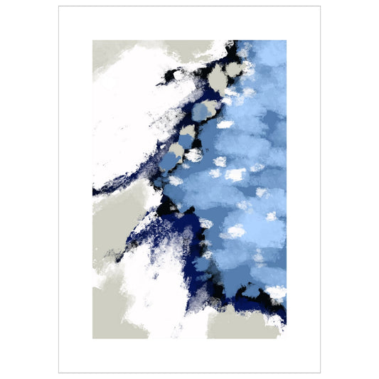 Blue Abstract  No1 er en grafisk plakat med et motiv i blåfarger med innslag av hvit og beige. Plakaten har en bred hvit kant som gir bildet dybde og fremhever motivet.
