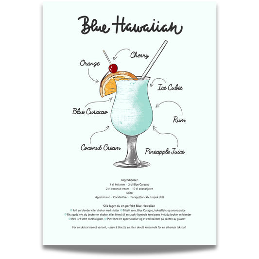 Drøm deg bort til tropiske strender med Blue Hawaiian Oppskrift – Plakat! Denne stilige og kunstneriske plakaten viser den ikoniske cocktailoppskriften på en dekorativ og funksjonell måte. 