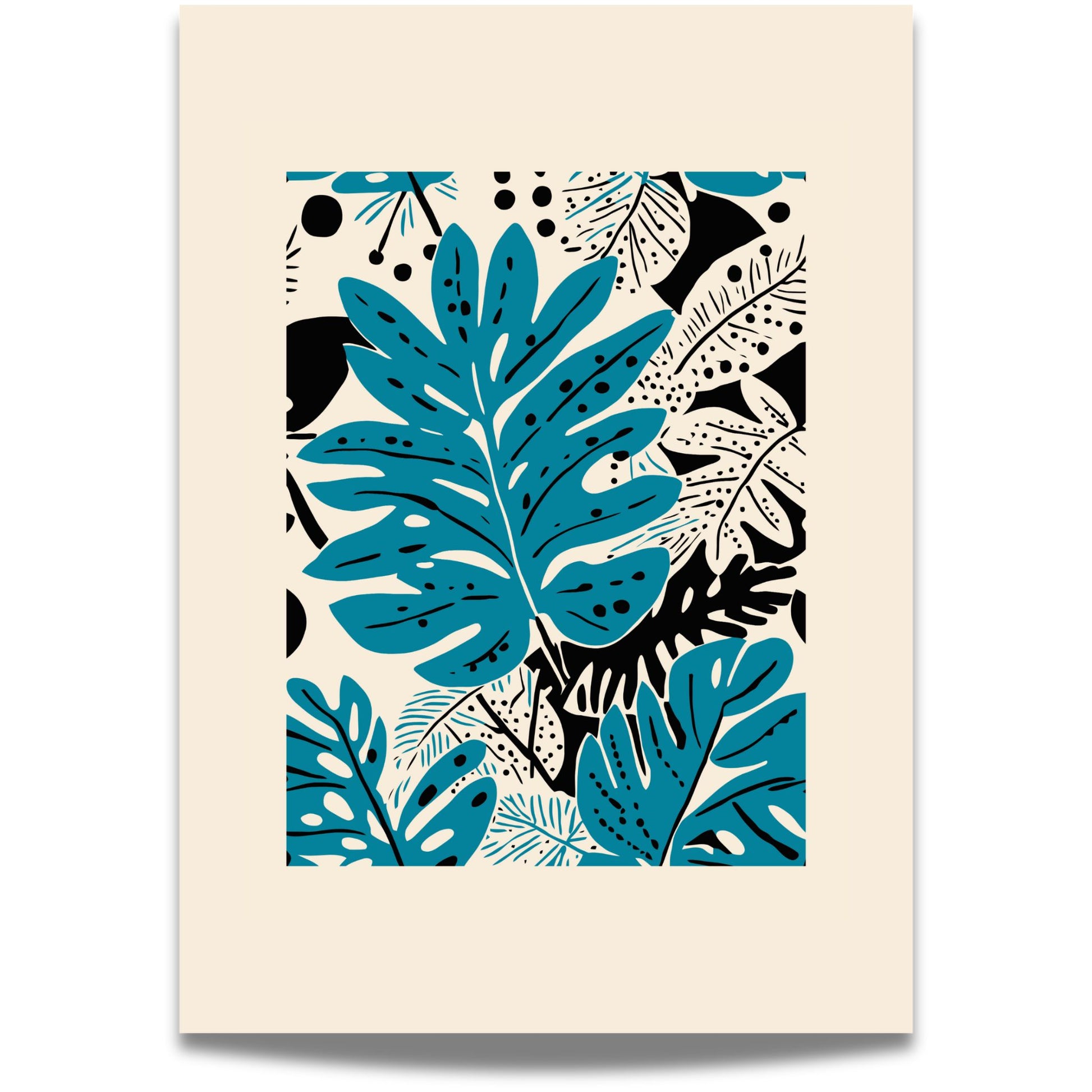 Blue Tropica bringer jungelstemning til moderne vegger med sine grafiske blå blader og sorte detaljer. Illustrasjon viser plakat med bred kant.
