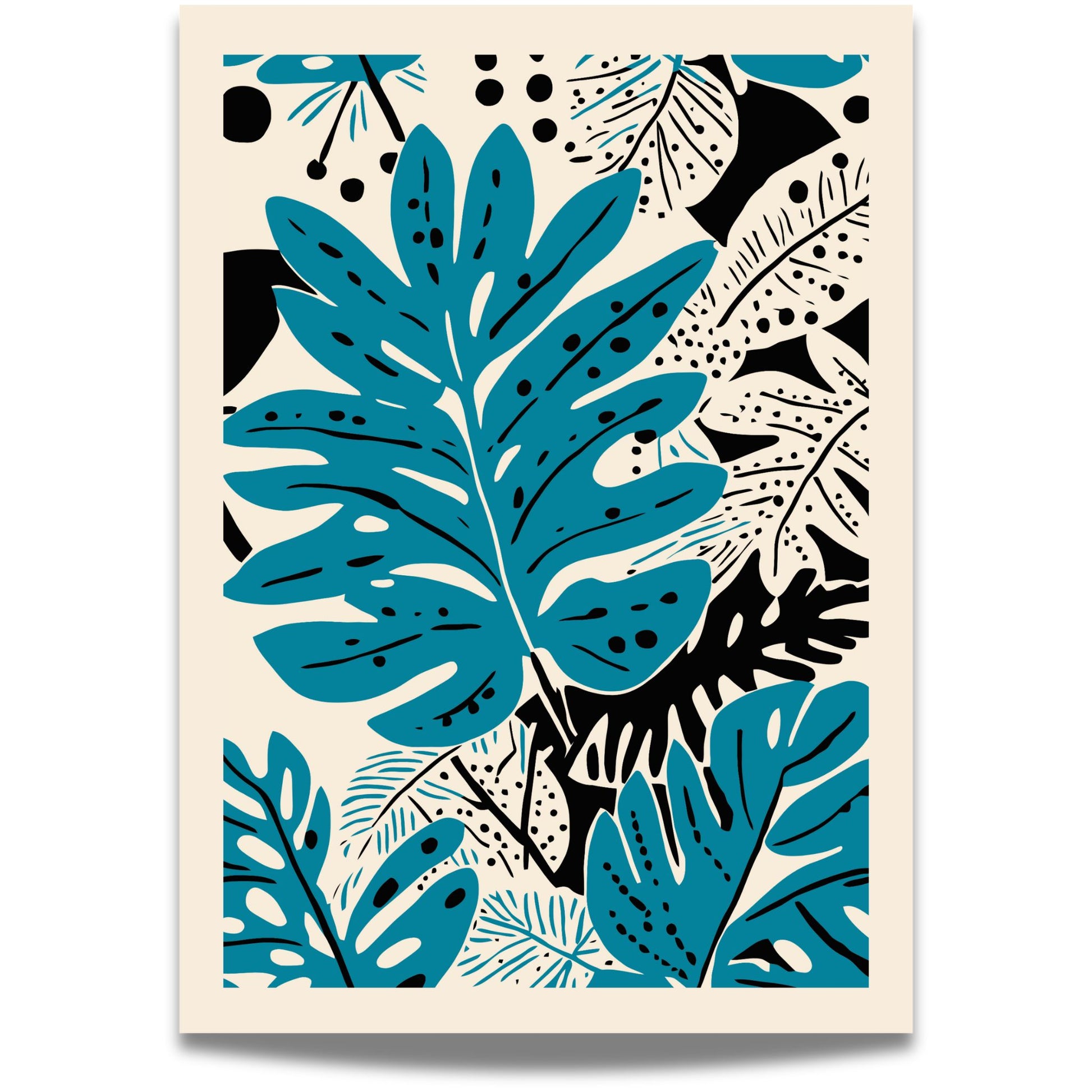 Blue Tropica bringer jungelstemning til moderne vegger med sine grafiske blå blader og sorte detaljer. Illustrasjon viser plakat med smal kant.