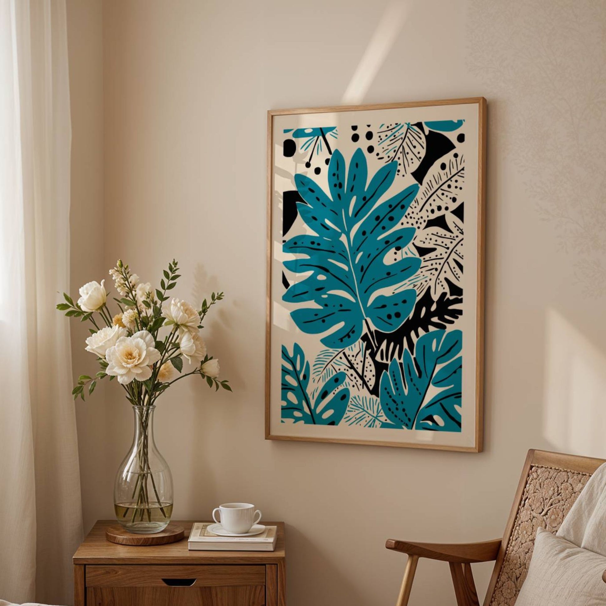 Blue Tropica bringer jungelstemning til moderne vegger med sine grafiske blå blader og sorte detaljer. Illustrasjon viser plakat med smal kant i eik ramme.
