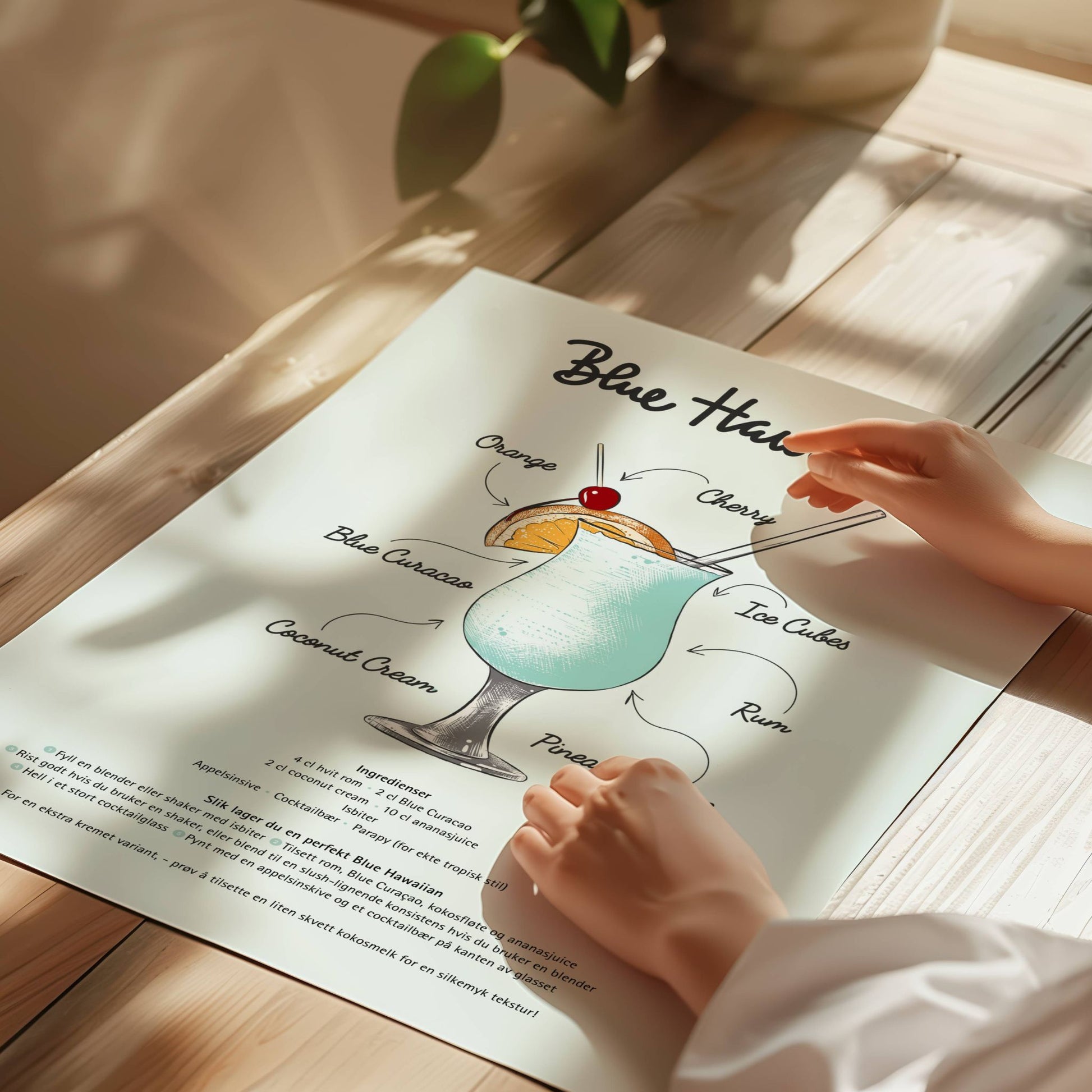 Drøm deg bort til tropiske strender med Blue Hawaiian Oppskrift – Plakat! Denne stilige og kunstneriske plakaten viser den ikoniske cocktailoppskriften på en dekorativ og funksjonell måte. Illustrasjon viser plakat på print.