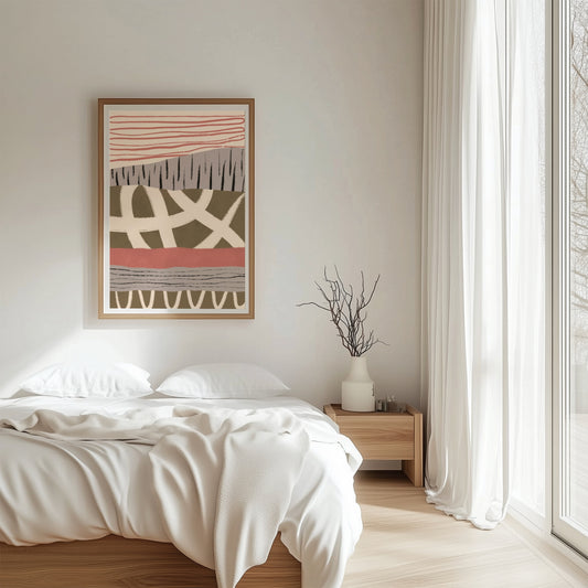 Plakat inspirert av mid-century moderne estetikk, med håndmalte akrylformer og abstrakte mønstre som skaper et dynamisk og stilig uttrykk. Illustrasjon viser plakat med passepartout i eik ramme.