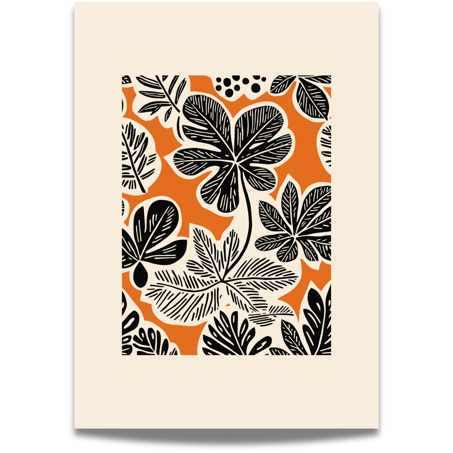 Bold Botanica kombinerer kraftige, svarte bladformer med en varm oransje bakgrunn i retroinspirert design. Illustrasjon viser motiv med bred kant.