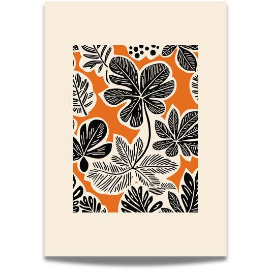 Bold Botanica kombinerer kraftige, svarte bladformer med en varm oransje bakgrunn i retroinspirert design. Illustrasjon viser motiv med bred kant.