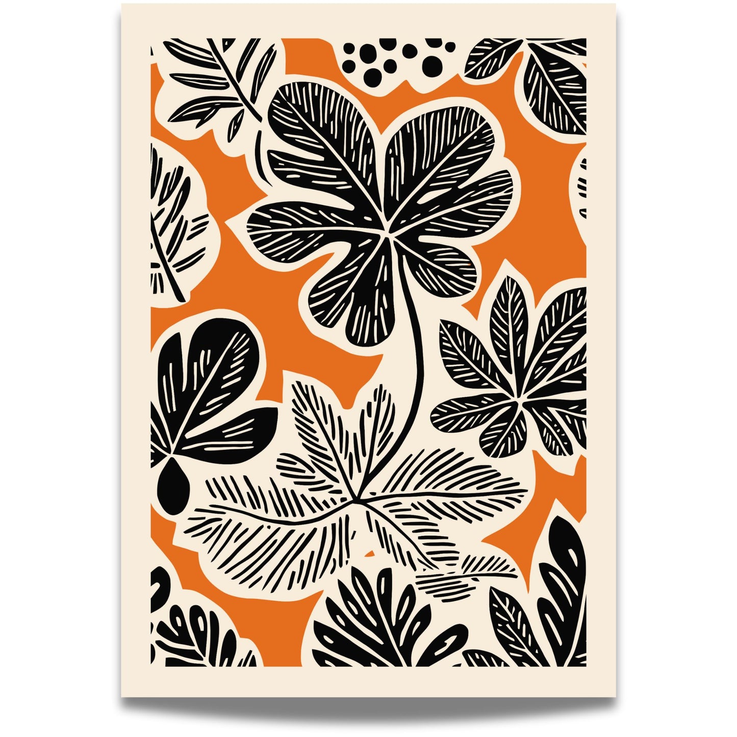 Bold Botanica kombinerer kraftige, svarte bladformer med en varm oransje bakgrunn i retroinspirert design. Illustrasjon viser motiv med smal kant.
