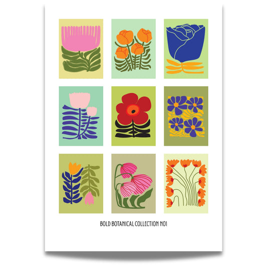 Bold Botanic-plakatene kombinerer stiliserte blomster med grafisk lekenhet, inspirert av retro paletter og moderne flat design.  