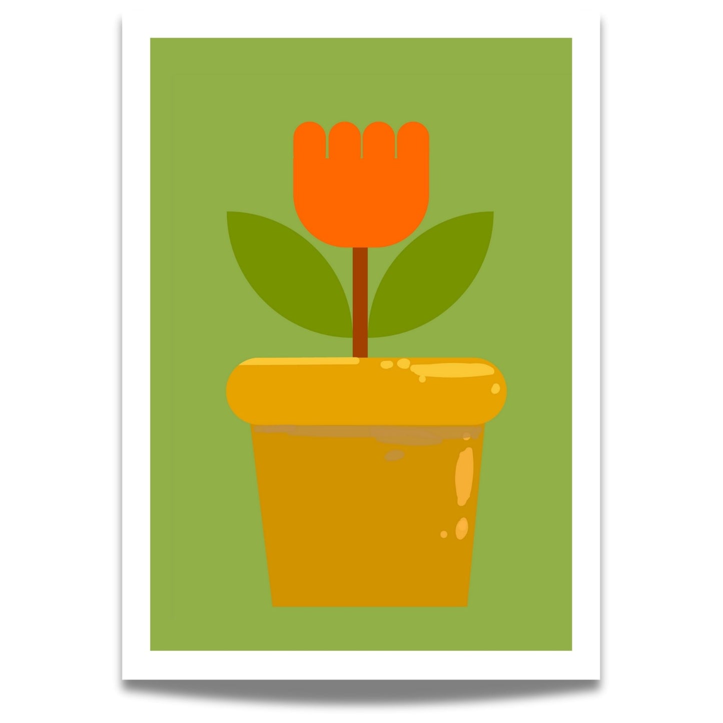 Bold Botanical No10 er en enkel og ikonisk blomst i kraftig oransje står rank i en gyllen blomsterpotte. Med to mørkegrønne blader og en stilisert form mot en frisk grønn bakgrunn, formidler motivet både retroglede og moderne minimalisme.