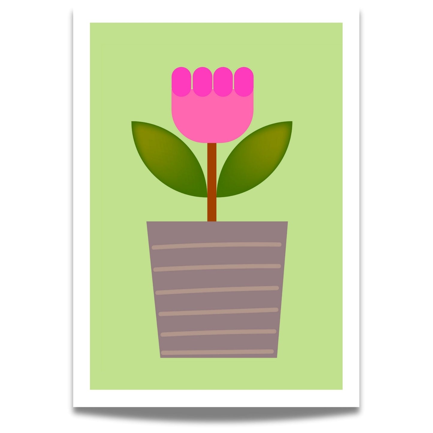 Bold Botanical No12 er en stilisert rosa blomst i to nyanser vokser opp fra en grå blomsterpotte med horisontale striper. Med dypgrønne blader og myk grønn bakgrunn stråler motivet av leken enkelhet og moderne sjarm.