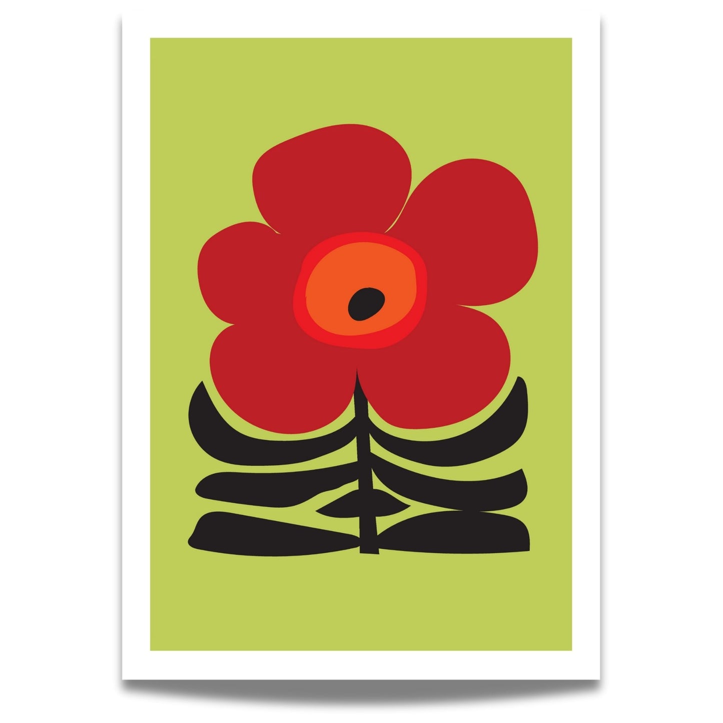 Bold Botanical No5 viser en kraftfull rød blomst med mørkt senter står i sentrum mot en limegrønn bakgrunn, med sorte, stiliserte blader som base. Det dristige formspråket og fargevalget gir plakaten en tydelig, grafisk karakter med et snev av retro. 