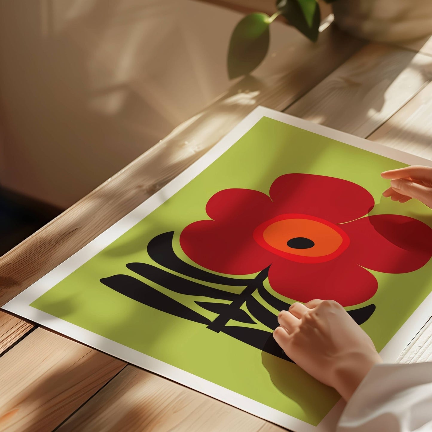 Bold Botanical No5 viser en kraftfull rød blomst med mørkt senter står i sentrum mot en limegrønn bakgrunn, med sorte, stiliserte blader som base. Det dristige formspråket og fargevalget gir plakaten en tydelig, grafisk karakter med et snev av retro. Illustrasjon viser plakat på print.