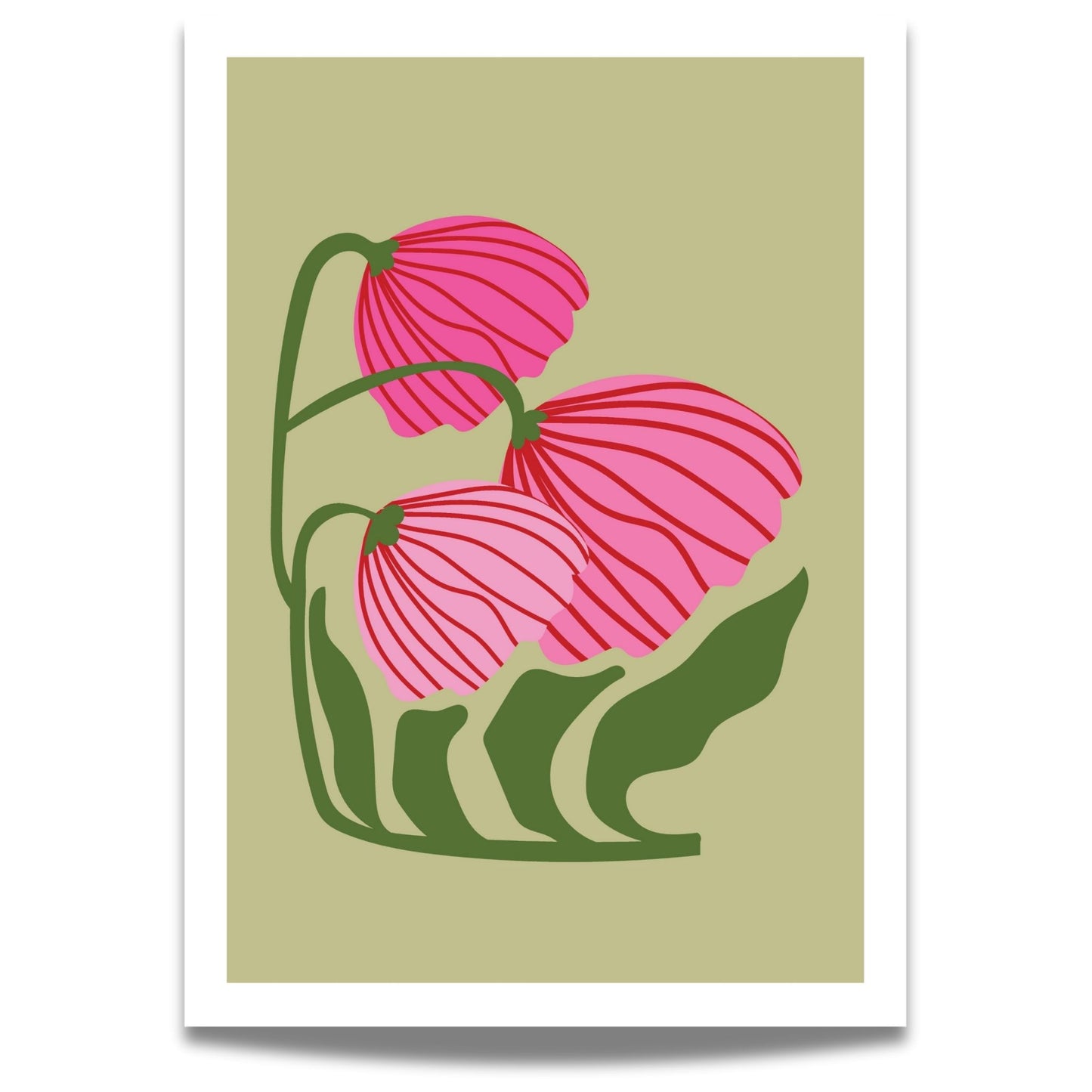 Bold Botanical No8 byr på tre nikkende blomster i livlige rosatoner med elegante røde linjer bøyer seg mot venstre, som i en stille dans. 