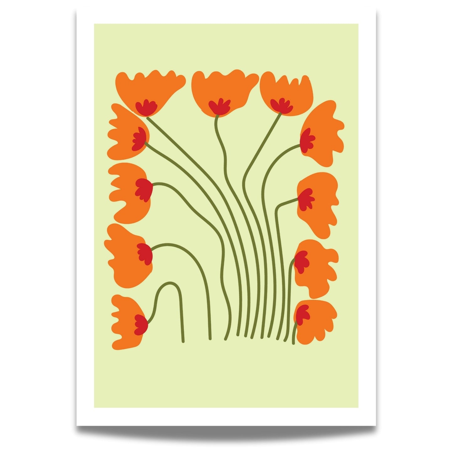 Bold Botanical No9 viser elleve oransje blomster med røde sentrum danser som en ramme rundt motivets myke midte. Lange, buede stilker skaper en følelse av bevegelse og rytme, mens den lyse bakgrunnen gir hele uttrykket en lett og leken atmosfære.