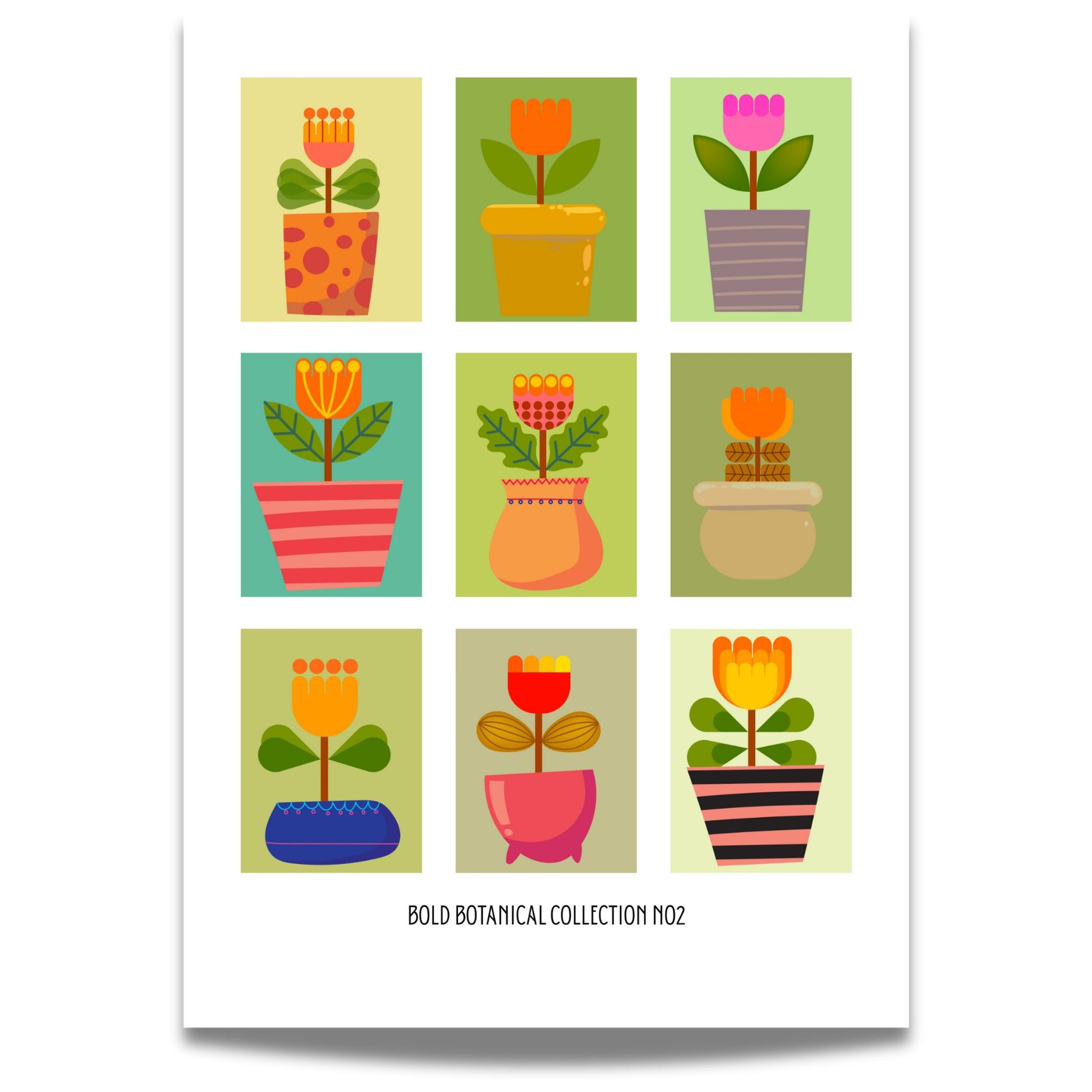 Bold Botanic-plakatene kombinerer stiliserte blomster med grafisk lekenhet, inspirert av retro paletter og moderne flat design.  
