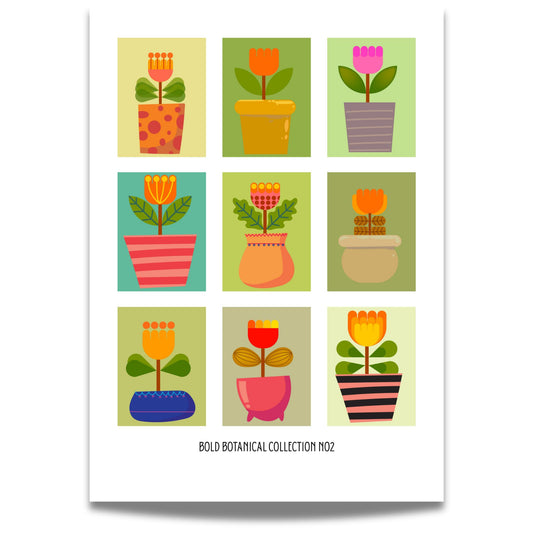 Bold Botanic-plakatene kombinerer stiliserte blomster med grafisk lekenhet, inspirert av retro paletter og moderne flat design.  