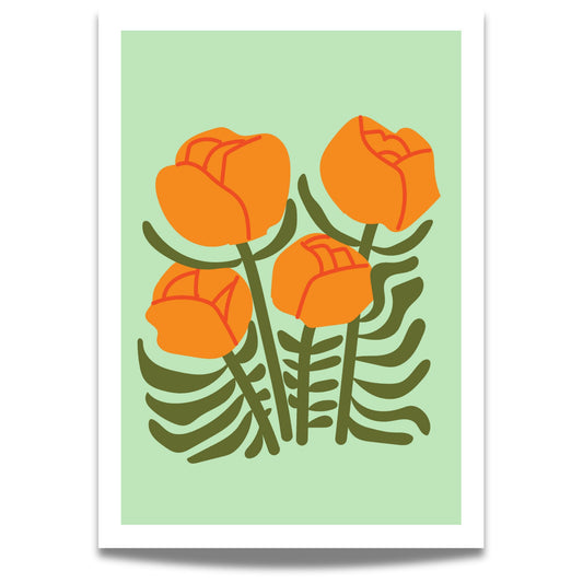 Bold Botanical No2 viser fire stiliserte, oransje blomster med røde linjedetaljer strekker seg opp fra et tett, mørkegrønt bladverk. Det hele balanseres mot en myk, lysegrønn bakgrunn som løfter fram fargenes varme og rytmen i komposisjonen. Et frodig og energisk blomsterbilde med grafisk sjarm.