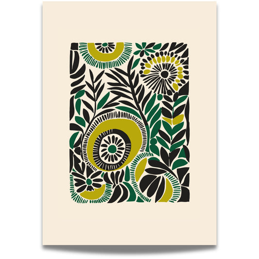 Botanic Energy forener blomsterkraft og grafisk presisjon i én plakat. Illustrasjon viser plakat med bred kant.