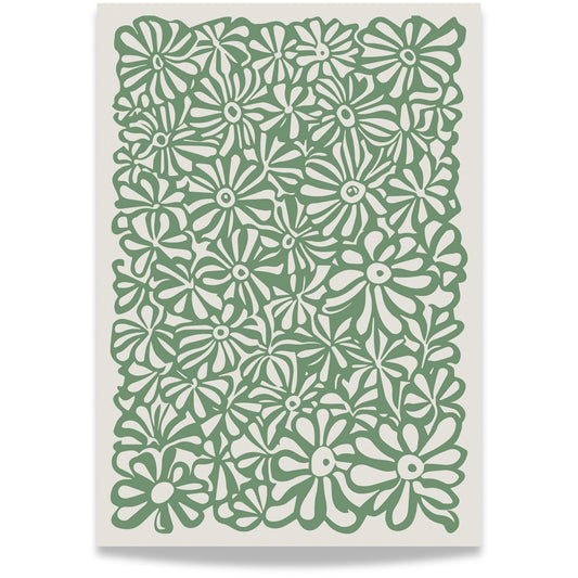 Fyll hjemmet ditt med naturens rytme og organisk eleganse med Botanical Flow – en kunstplakat med et stilisert blomstermønster i levende grønt på en lys bakgrunn.