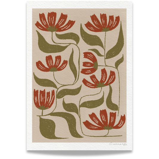 "Botanisk Eleganse" er en kunstnerisk plakat med et stilisert blomstermotiv i varme jordtoner.
