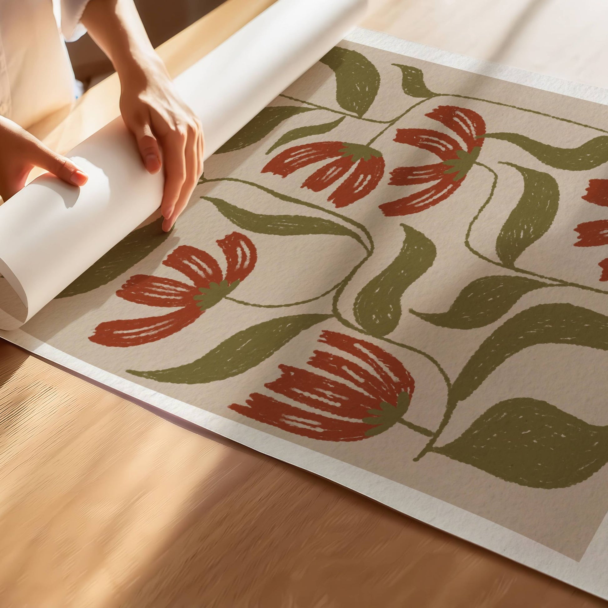 "Botanisk Eleganse" er en kunstnerisk plakat med et stilisert blomstermotiv i varme jordtoner. Illustrasjon viser plakat på print.