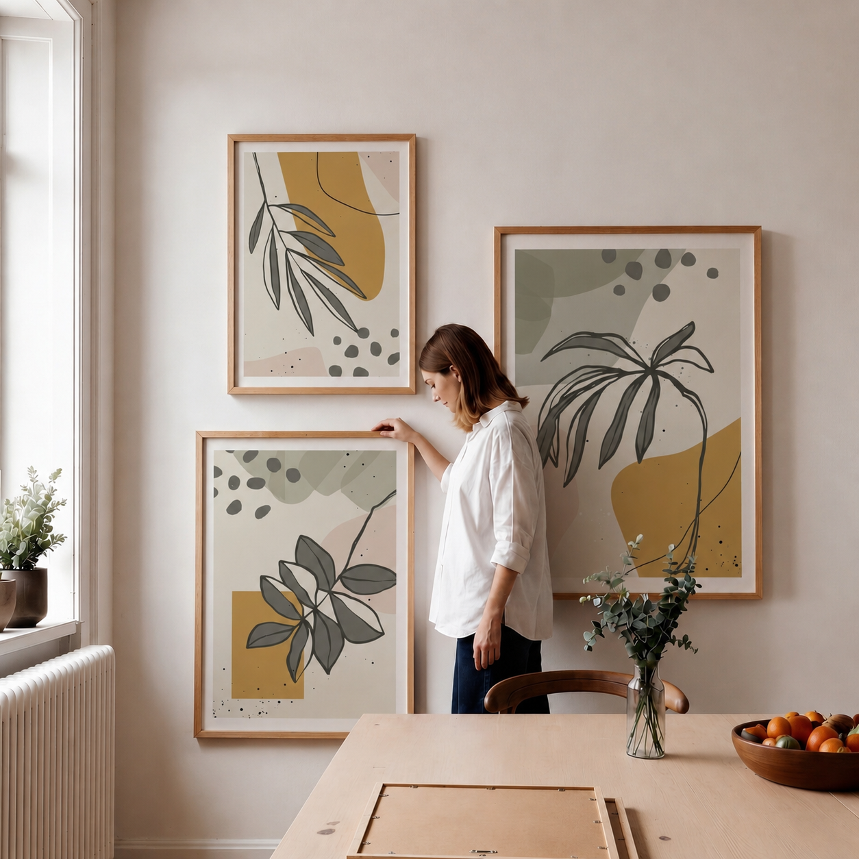 Bildevegg med tre grafiske botaniske plakater fra Botanical Shapes Collection