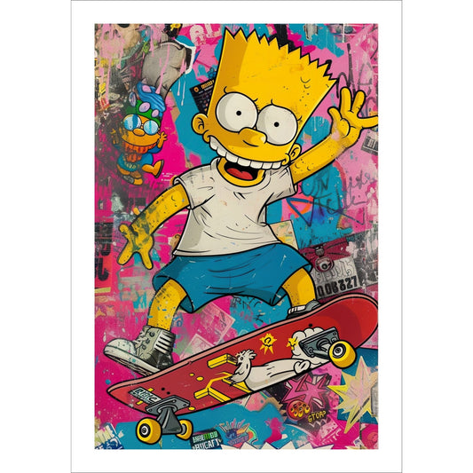 Bring liv og energi til ditt hjem med "Cartoon Skater", en levende og dynamisk grafisk illustrasjon. Plakat i et abstrakt mønster og eksplosive farger.