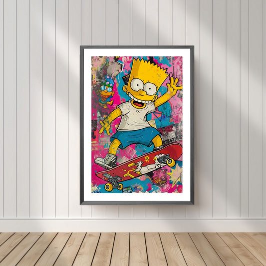 Bring liv og energi til ditt hjem med "Cartoon Skater", en levende og dynamisk grafisk illustrasjon. Plakat i et abstrakt mønster og eksplosive farger, inkludert turkis, rosa og gult. Illustrasjonsfoto av motivet som plakat i sort ramme.