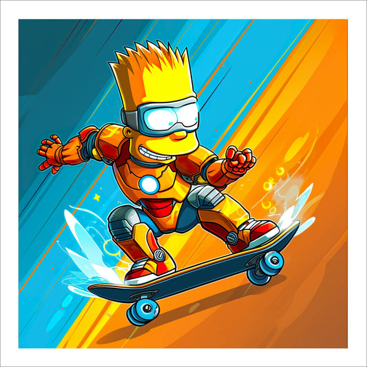 Bring liv og energi til ditt hjem med "Cartoon Skater", en levende og dynamisk grafisk illustrasjon. Plakat i et abstrakt mønster og eksplosive farger.