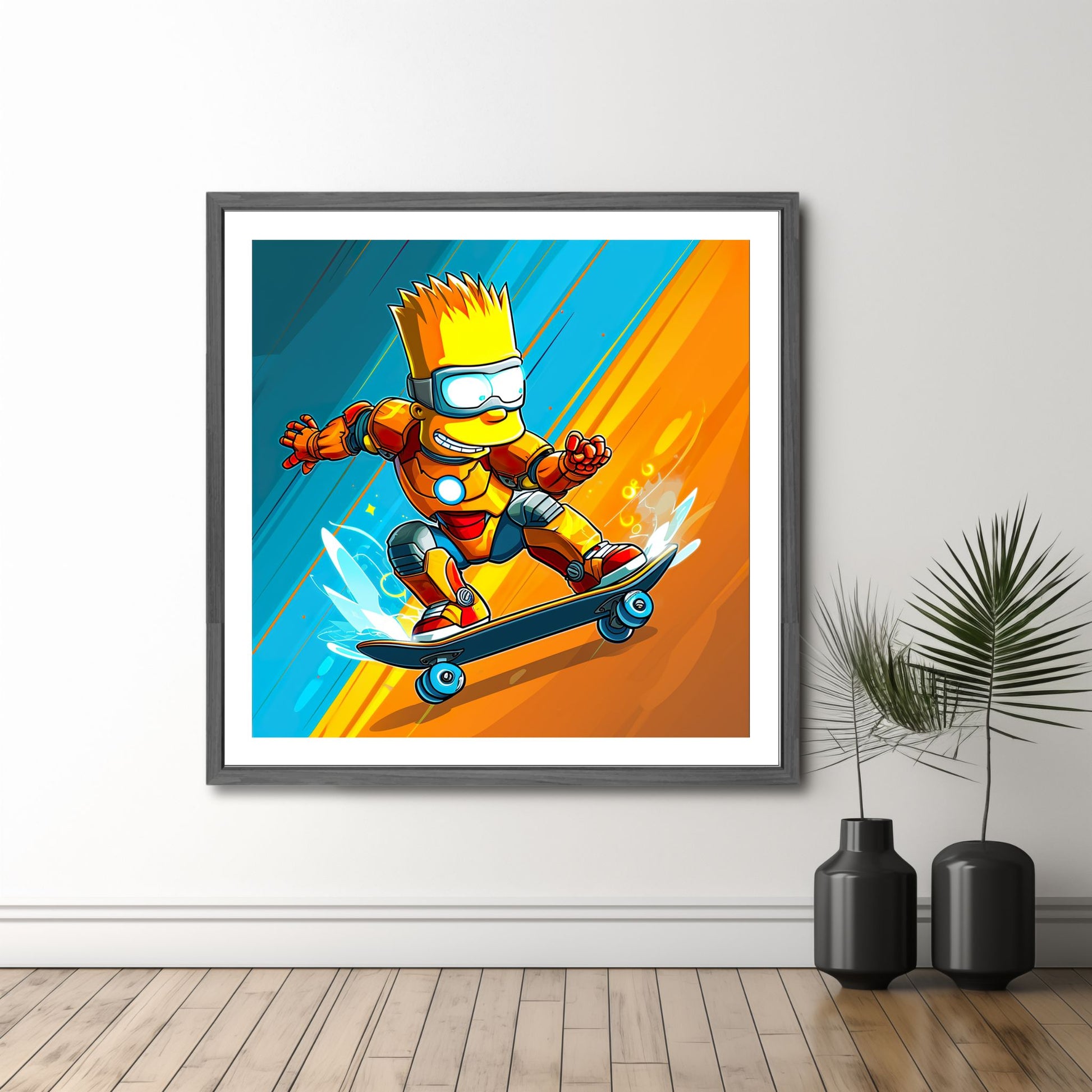 Bring liv og energi til ditt hjem med "Cartoon Skater", en levende og dynamisk grafisk illustrasjon. Plakat i et abstrakt mønster og eksplosive farger. Illustrasjonsfoto viser motivet som plakat i mørk ramme.