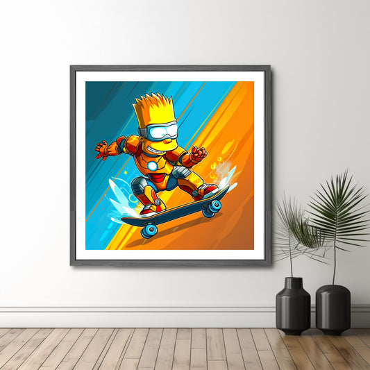 Bring liv og energi til ditt hjem med "Cartoon Skater", en levende og dynamisk grafisk illustrasjon. Plakat i et abstrakt mønster og eksplosive farger. Illustrasjonsfoto viser motivet som plakat i mørk ramme.