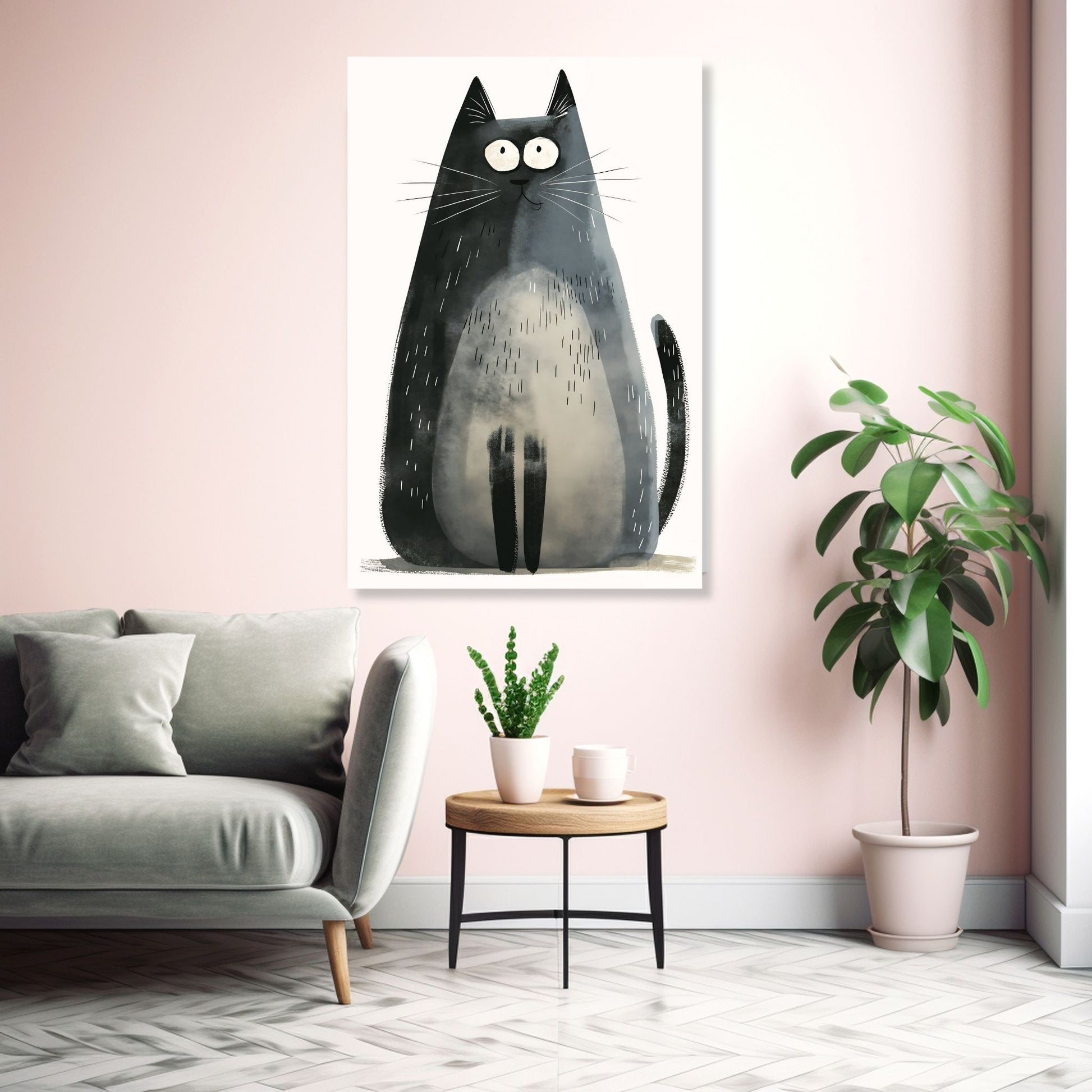 Grafisk illustrasjon av en grå, stor katt som sitter. Den har et stolt uttrykk. Motivet fås som plakat og lerret. Illustrasjonsbilde av motiv på lerret.