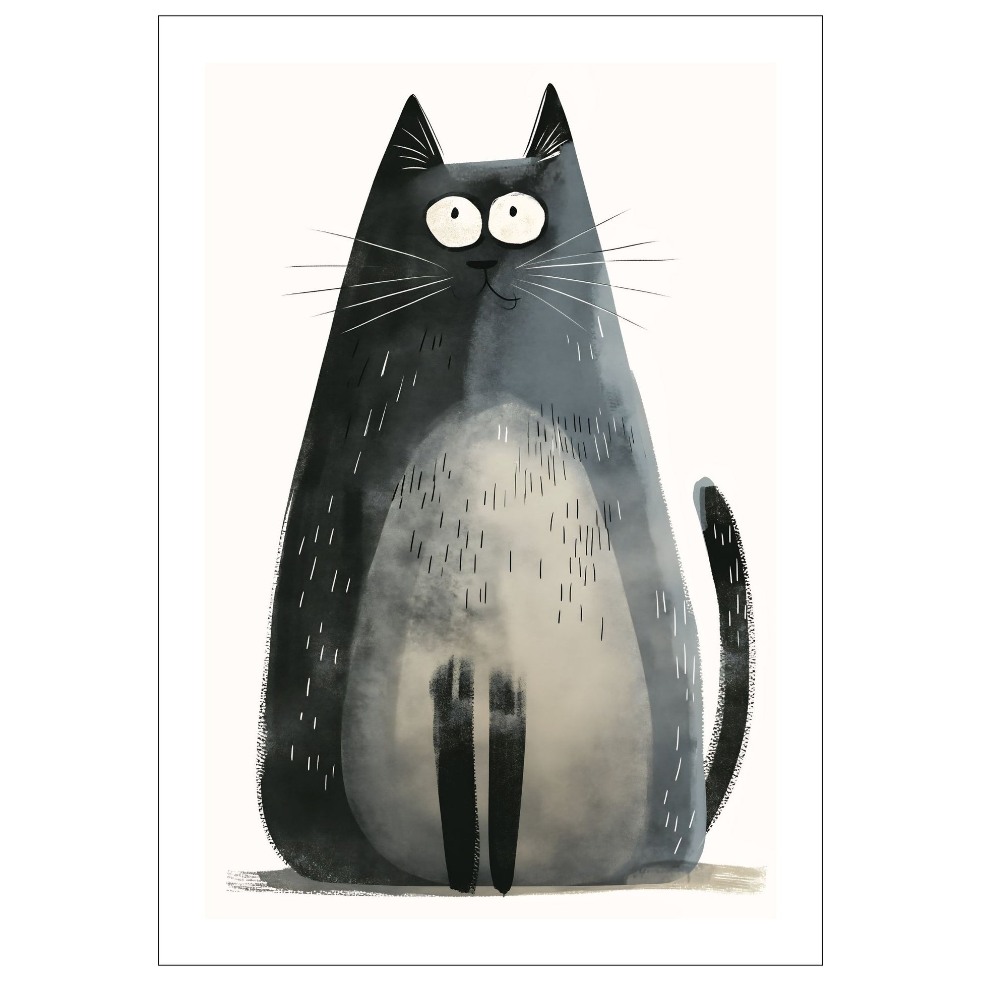 Grafisk illustrasjon av en grå, stor katt som sitter. Den har et stolt uttrykk. Motivet fås som plakat og lerret.