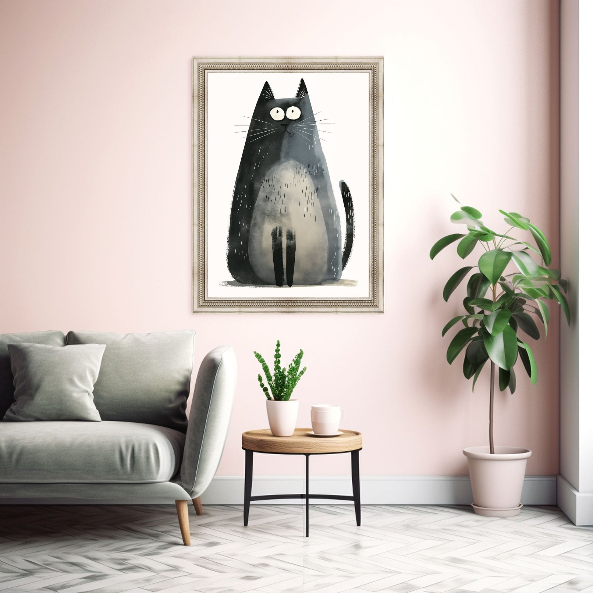 Grafisk illustrasjon av en grå, stor katt som sitter. Den har et stolt uttrykk. Motivet fås som plakat og lerret. Illustrasjonsbilde av plakat i ramme.